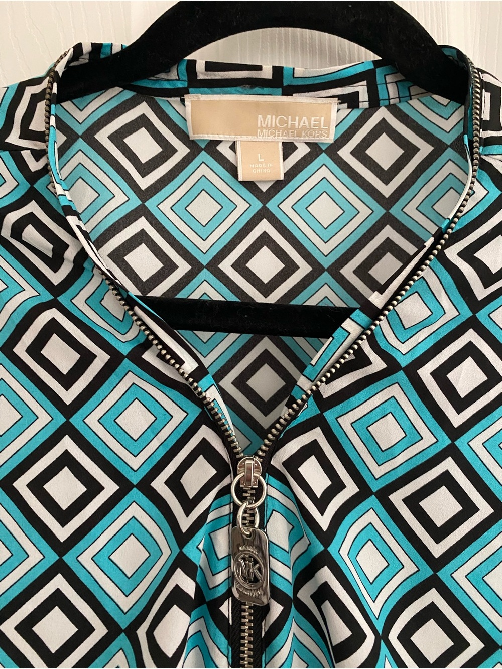 Michael Kors Turquoise Black and White Geometric Zip Button-Down Shirt